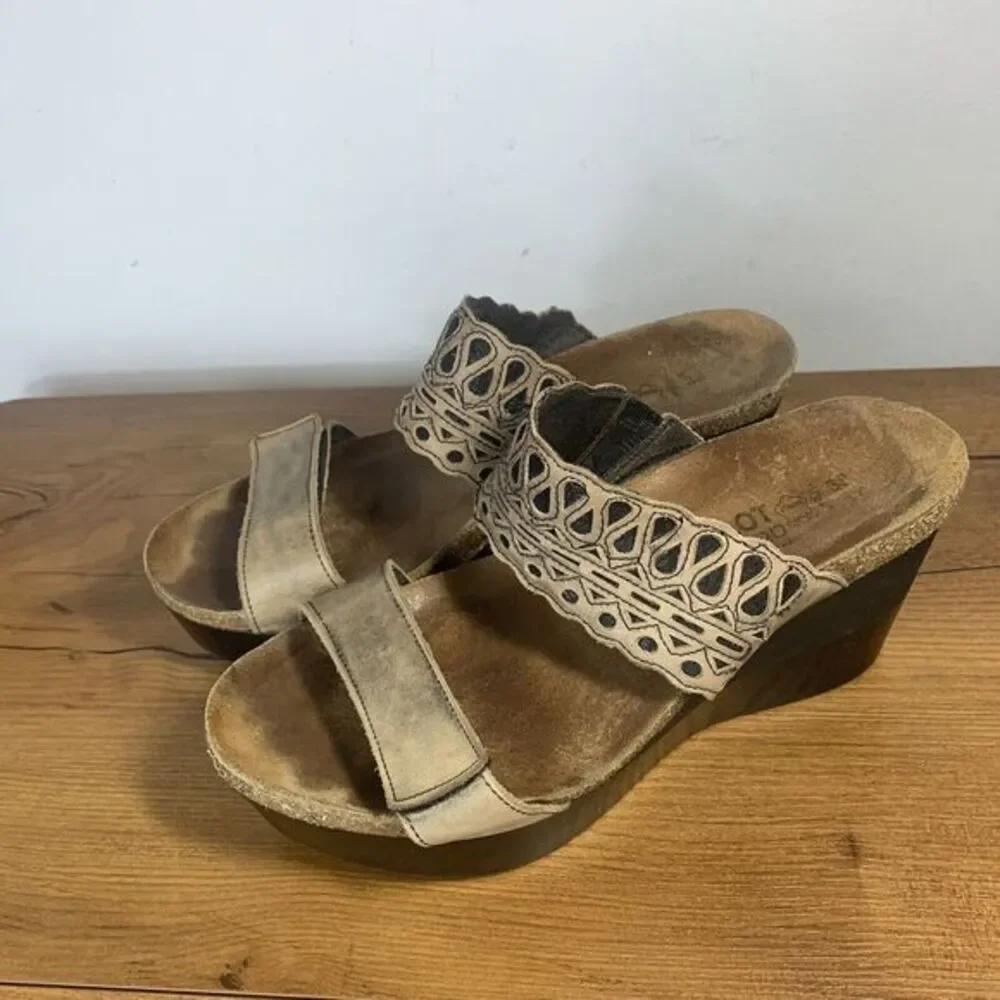 NAOT Tan Leather Slip On Wedge Sandals Size 38 / 8